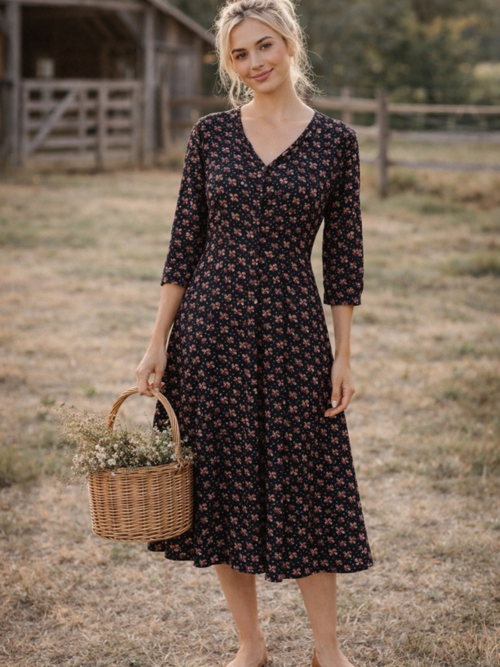 Vintage 1990 Women's Black Floral Midi Dress